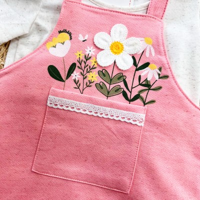 Conj. Blusa em Linho e Salopete com Flores - Rosa e Areia